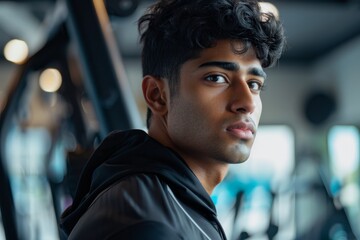 A young Indian man in a black jacket is working out in a gym