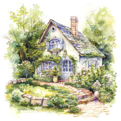 Enchanting Watercolor Cottage Surrounded by Lush Garden - 783347505