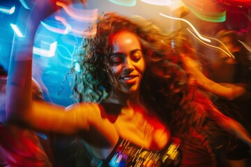 A woman energetically dancing amidst a lively party atmosphere