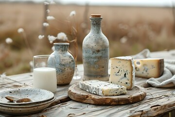 Obraz na płótnie Canvas Pastoral Cheese & Milk Still Life with Rustic Charm. Concept Still Life Photography, Cheese and Milk, Rustic Charm, Pastoral Setting