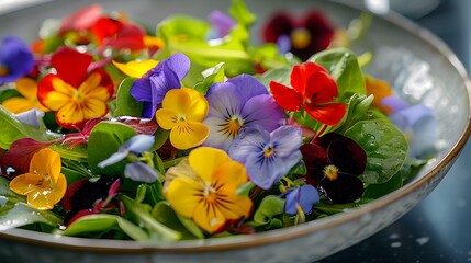 Obraz na płótnie Canvas Vegan Gourmet Cuisine: Salad Bowl Adorned with Fresh Viola Blossoms