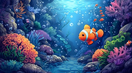 Neon Clownfish Illustration: Vibrant Tropical Cartoon Fish in Underwater Scene - 783348509