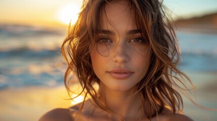 Close-up portrait of a woman with golden sunset light illuminating her on a beach