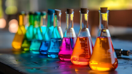 Erlenmeyer flask filled with colorful chemicals, science and research laboratory - obrazy, fototapety, plakaty