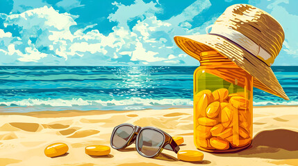 Illustration of bottle of pills, a woman's hat, and glasses lie on the sand, healthcare, medical solutions for skin protection, generative AI - 783348594