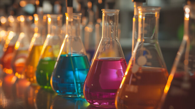 Erlenmeyer flask filled with colorful chemicals, science and research laboratory