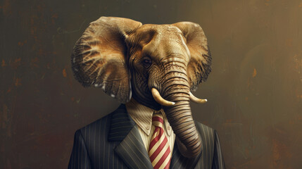 Elephant in a well-fitted suit with a striking trunk-themed tie, striking a pose that combines power and charm in a captivating anthropomorphic portrait. - obrazy, fototapety, plakaty
