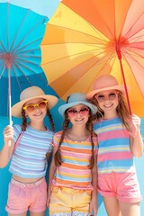 lovely young girls in striped t-shirts and shorts, wearing sunglasses and parasols, posing and smiling to the camera. Summer vibes