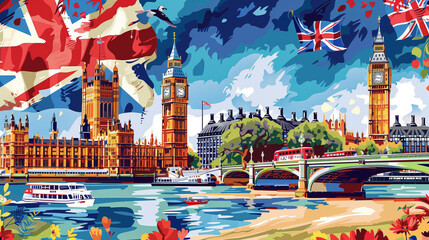 Colorful and artistic collage featuring famous sights and symbols of England, including Big Ben and Union Jack flags - obrazy, fototapety, plakaty