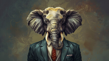 Elephant in a well-fitted suit with a striking trunk-themed tie, striking a pose that combines power and charm in a captivating anthropomorphic portrait.