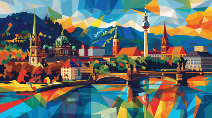 Illustrative collage highlighting Germany's famous architectural sights, rendered in a colorful, geometric style