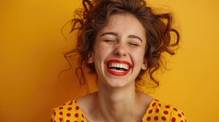 Woman Laughing on Yellow Background