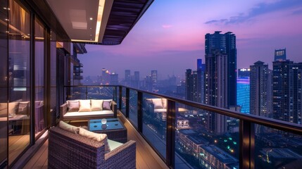 Capturing the essence of urban life, this balcony offers a panoramic view of the city skyline at sunset - obrazy, fototapety, plakaty