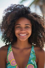 A woman with a beaming smile and curly hair enjoys the sunny beach atmosphere, exuding warmth and happiness
