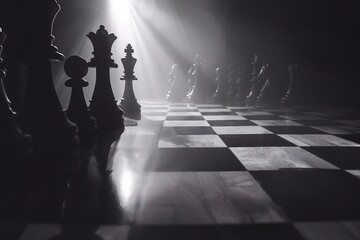 Chess figures on a dark background with smoke and fog. Chess board game concept of business ideas.