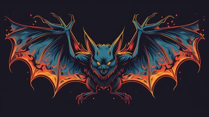 A bat with orange and blue wings on a black background. A magical creature made of fire.