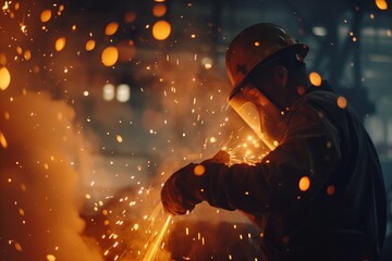 A skilled worker welds metal in an industrial environment, surrounded by vibrant sparks and wearing protective gear