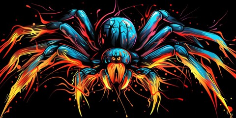 A brightly colored spider on a black background. A magical creature made of fire.