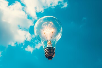 A clear, illuminated light bulb floats in the bright blue sky, representing creativity and inspiration