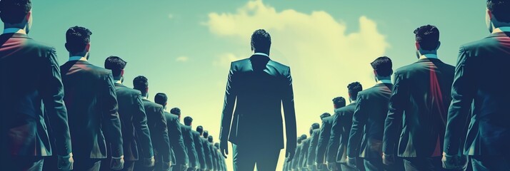 An endless line of identical figures in suits follow a man, embodying leadership and corporate structure