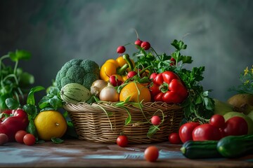 A bountiful wicker basket filled with an abundance of fresh fruits and vegetables, presenting a feast for the eyes that radiates health and vitality