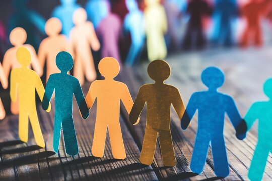Vibrant paper cut-out figurines are linked together, symbolizing unity and community against a blurred background - Powered by Adobe