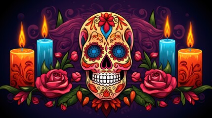 Detailed watercolor drawing of a Mardi Gras-themed sugar skull embellished with vibrant floral designs.