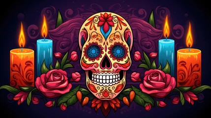 Store enrouleur occultant sans perçage Crâne aquarelle Detailed watercolor drawing of a Mardi Gras-themed sugar skull embellished with vibrant floral designs.