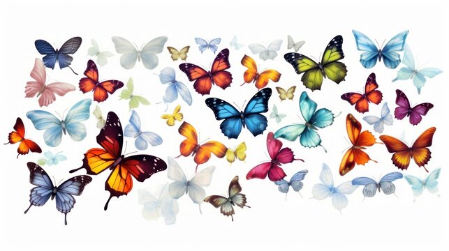 Watercolor drawing presents a lively assortment of butterflies, each a unique expression of natural beauty.
