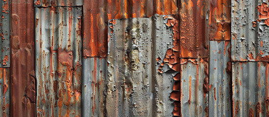 Corroded metal sheet wall with varied rust patterns. Industrial background texture for design and creative projects