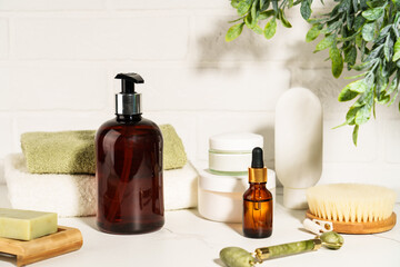 Natural cosmetic products, beauty product in the bathroom on white background. - 783350180
