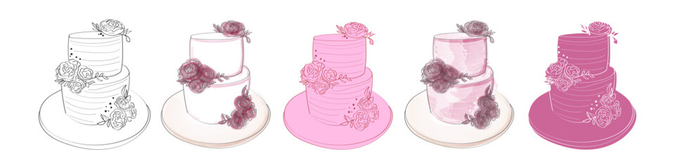 Various types of cakes are displayed on a clean white background. The cakes vary in flavors, shapes, and decorations, creating a visually appealing array of sweet treats