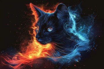 A black cat with blue eyes and a glowing tail. A magical creature made of fire.