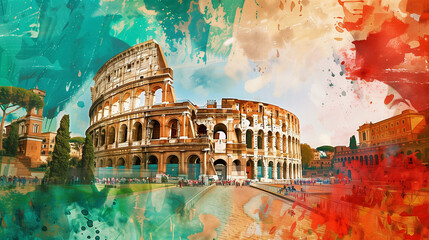 Artistic interpretation of the Colosseum and other sights of Rome, Italy, with vivid watercolor splashes