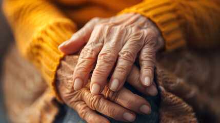 Fototapeta premium Hands of an elderly woman, closeup, taking care and providing support