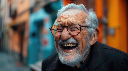 An elderly man with glasses laughing contagiously on a colorful urban street, radiating warmth and happiness. World Laughter Day.