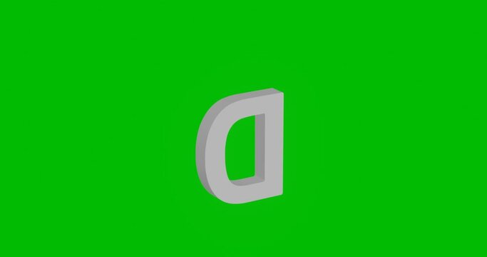 Animation of rotation of a white capital letter D symbol with shadow. Simple and complex rotation. Seamless looped 4k animation on green chroma key background
