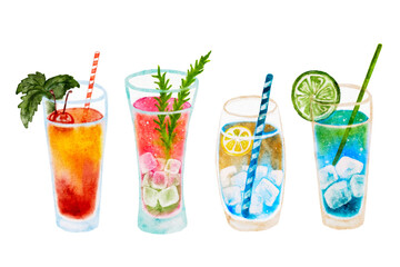 Set of watercolor drink cocktails. Isolated glasses with alcohol drinks on white background.