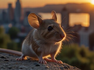 A mouse in the city at sunset