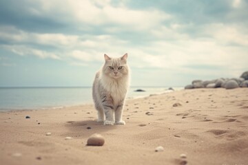 Obraz premium Cat is walking near sea on the beach. 