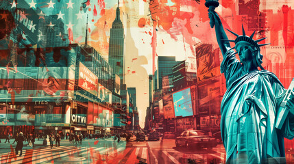 Artistic rendering of New York City?s iconic skyline and statue of liberty with a vivid color overlay