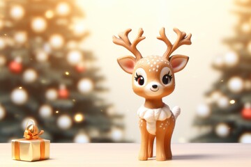 Christmas charm: a miniature deer figurine on a light backdrop, surrounded by a festive Christmas tree.
