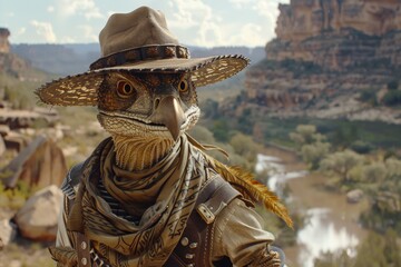 A lizard wearing a cowboy hat and scarf.