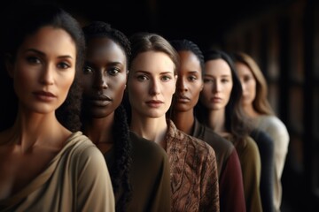 Obraz premium Cultural Synthesis: A Captivating Portrait featuring Women of Different Ethnicities Against a Dark Background.
