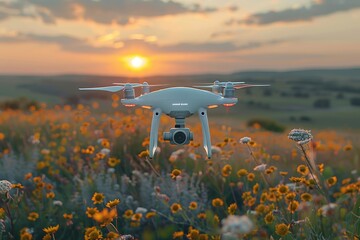 Drone Flying at Sunset over a Field of Wildflowers. - obrazy, fototapety, plakaty