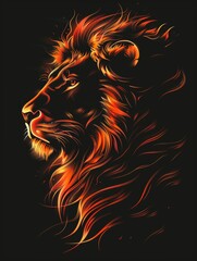 A lion's head on a black background. A magical creature made of fire.