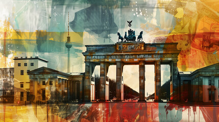 Colorful digital artwork overlay featuring the iconic Brandenburg Gate, the TV Tower (Alex) and other sights of Berlin, Germany - obrazy, fototapety, plakaty