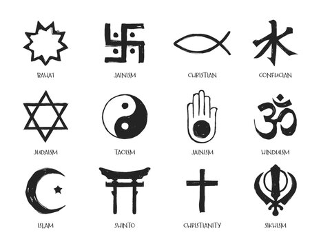 Black and white icons representing various world religions and spiritual philosophies