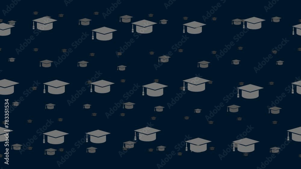 Poster square academic cap symbols float horizontally from left to right. parallax fly effect. floating sym