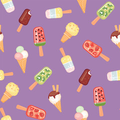 Ice cream seamless pattern with summer refreshing desserts.Delicious fruit and creamy sweets on lilac color background.Watermelon, lemon, strawberry, kiwi, chocolate.Colorful print on fabric and paper